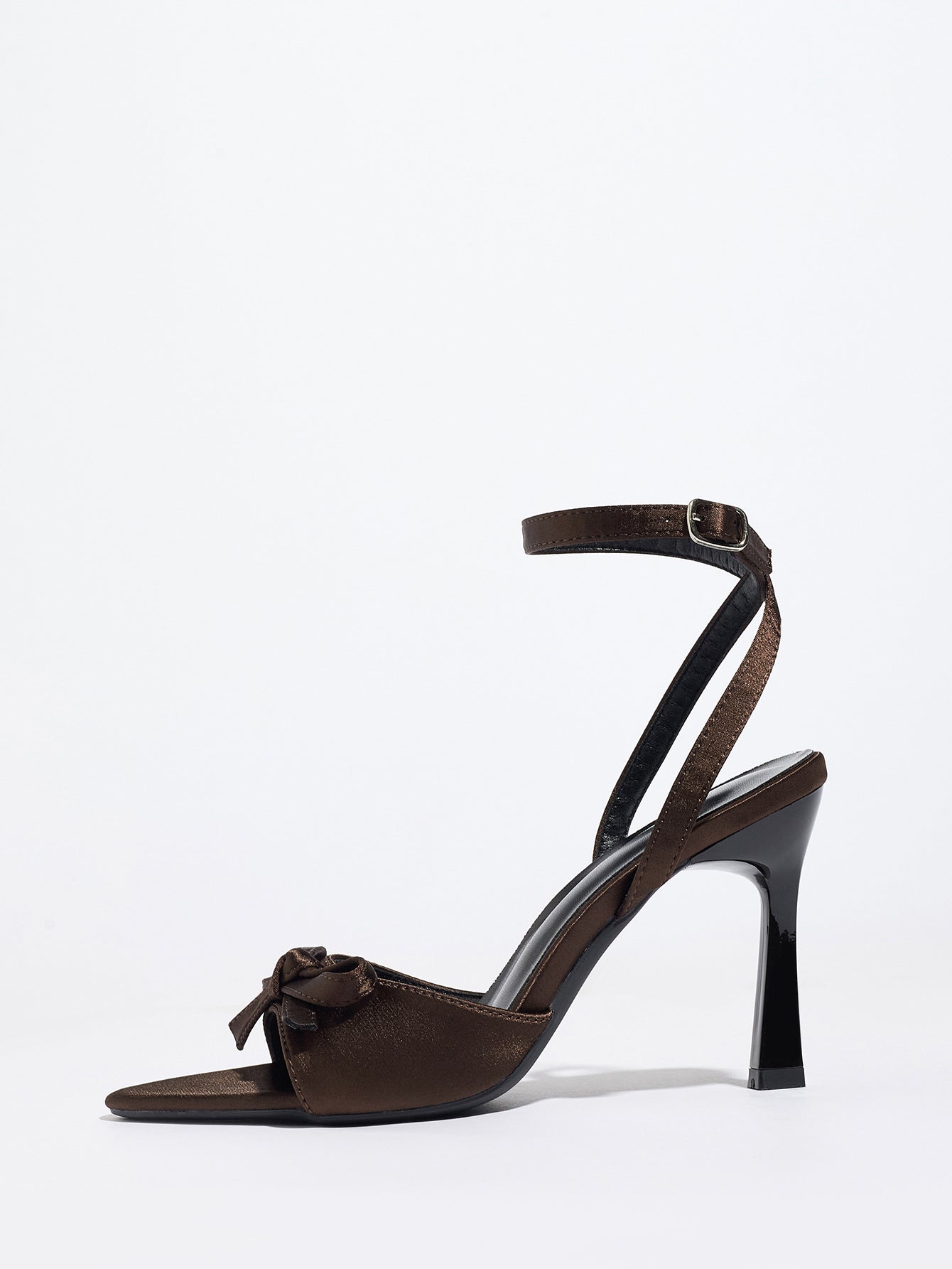 Mescini brown satin bow ankle strap sandals, single shoe turned to the side, US women's sizes
