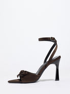 Mescini brown satin bow ankle strap sandals, single shoe turned to the side, US women's sizes
