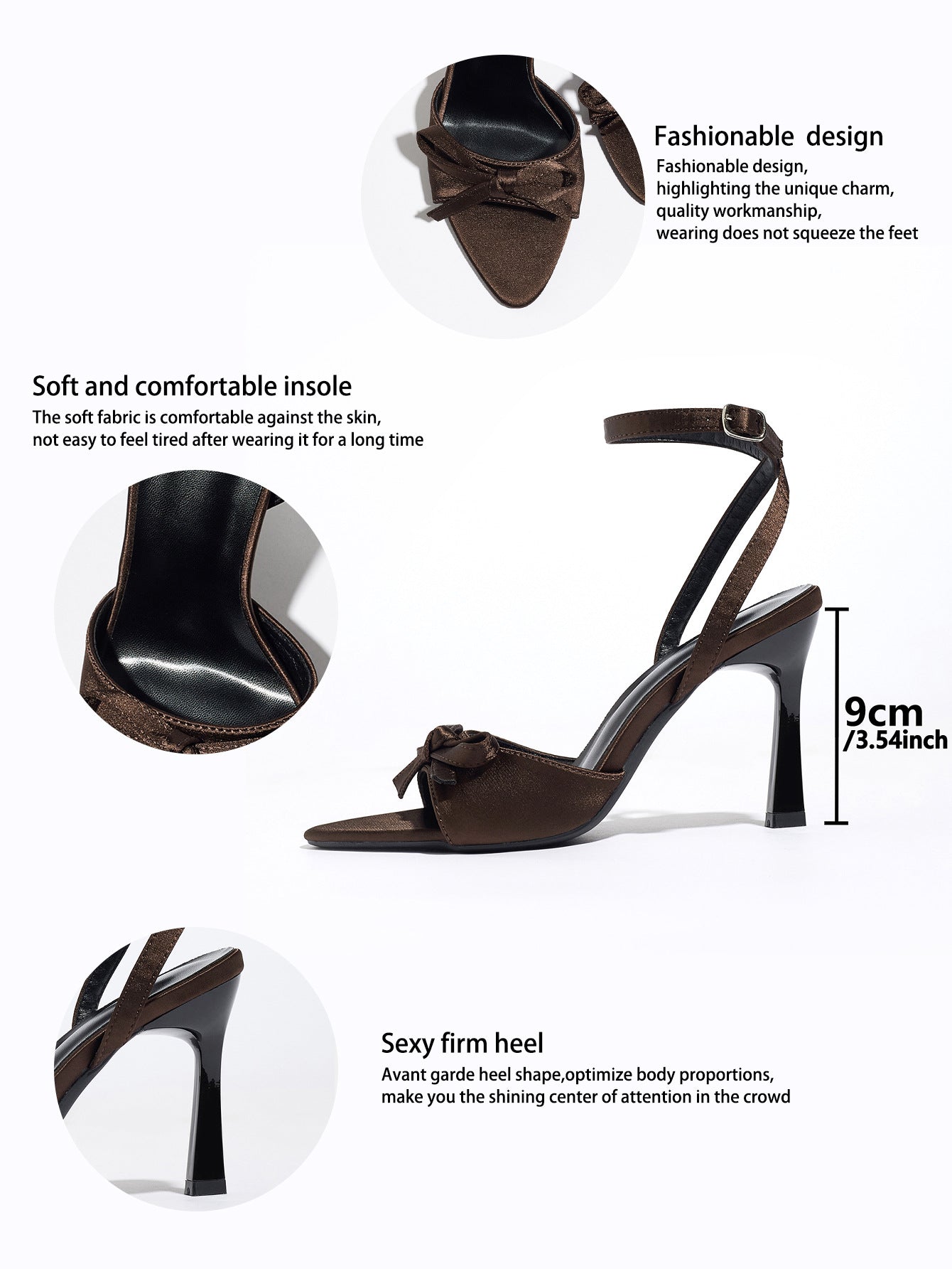 Mescini brown satin bow ankle strap sandals, feature panel with a 9 cm heel measurement, US women's sizes