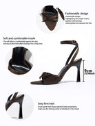 Mescini brown satin bow ankle strap sandals, feature panel with a 9 cm heel measurement, US women's sizes
