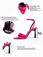 Mescini pink satin bow ankle strap sandals, feature panel with insole and 9 cm heel callouts, US women's sizes