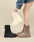 Mescini black, khaki and ivory glossy platform chelsea rain boots, three colors together, US women's sizes