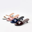Mescini white, pink, navy and burgundy square toe slide kitten heel sandals, in a row, US women's sizes