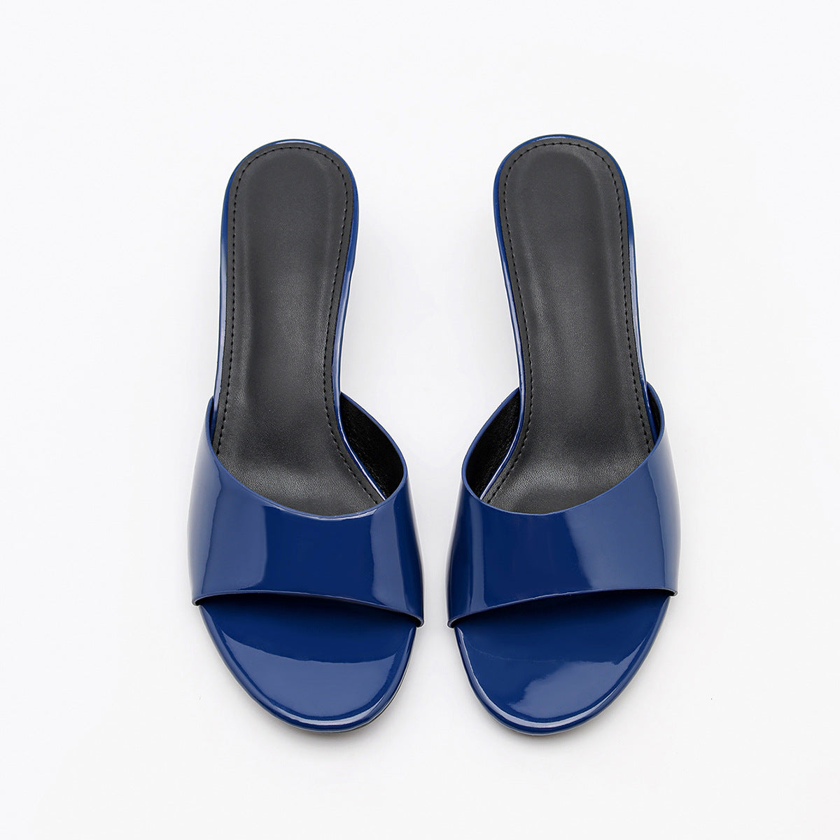 Mescini navy square toe slide kitten heel sandals, pair photographed from above, US women's sizes