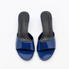Mescini navy square toe slide kitten heel sandals, pair photographed from above, US women's sizes