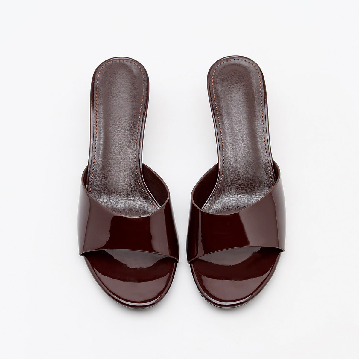 Mescini burgundy square toe slide kitten heel sandals, pair seen from above on white, US women's sizes