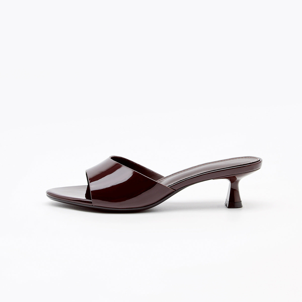 Mescini burgundy square toe slide kitten heel sandals, single shoe in side profile, US women's sizes