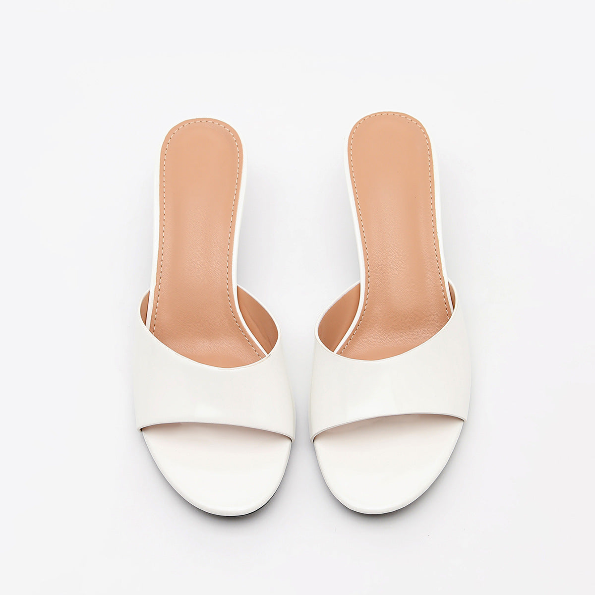 Mescini white square toe slide kitten heel sandals, pair viewed from directly above, US women's sizes