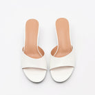 Mescini white square toe slide kitten heel sandals, pair viewed from directly above, US women's sizes