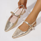 Mescini – Gold pointed toe mary jane slingback, low block heel shown, US women's sizes