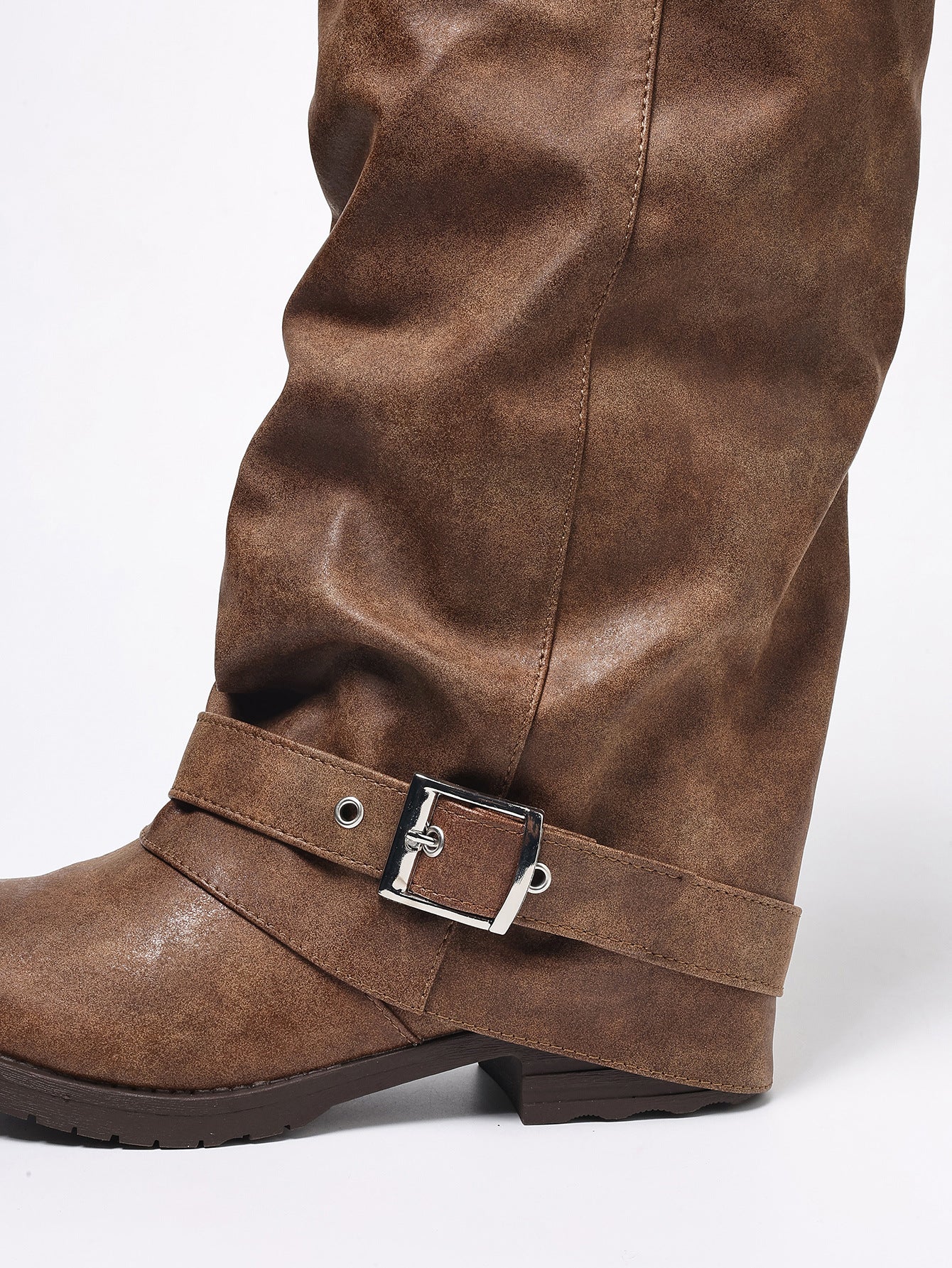 Mescini brown ruched buckle knee high riding boots, close up of the strap and shaft leather, US women's sizes