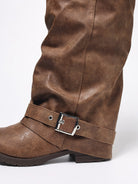 Mescini brown ruched buckle knee high riding boots, close up of the strap and shaft leather, US women's sizes