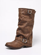 Mescini brown ruched buckle knee high riding boots, one shown in a three quarter studio view, US women's sizes