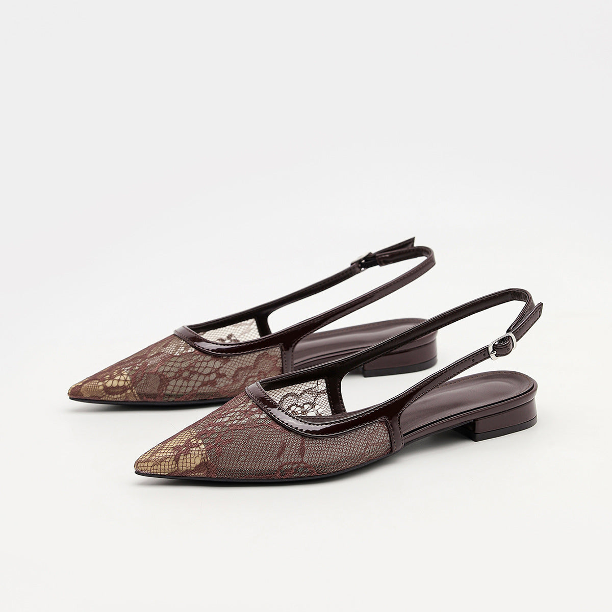 Mescini – brown lace mesh slingbacks, close view of the low squared heel, US women's sizes