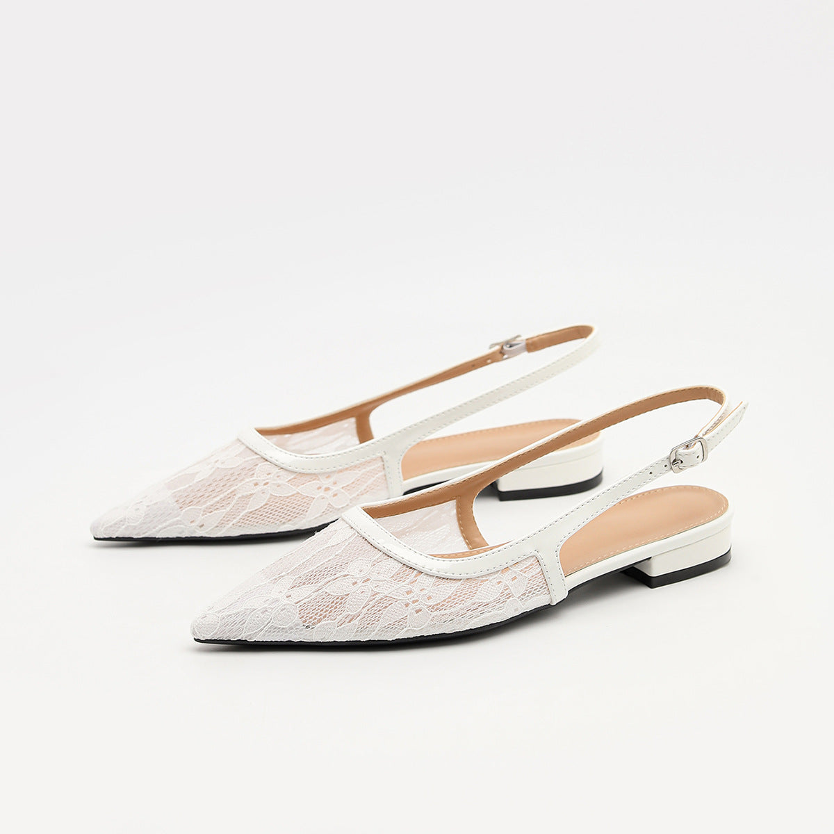 Mescini – white floral lace slingbacks, angled pair view of both shoes, US women's sizes