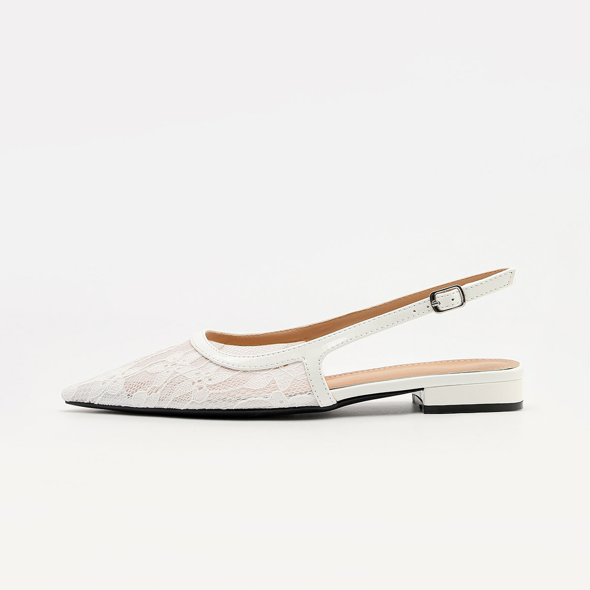 Mescini white lace mesh pointed toe slingbacks, side profile of a single shoe, US women's sizes