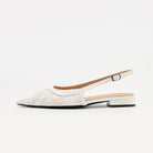 Mescini white lace mesh pointed toe slingbacks, side profile of a single shoe, US women's sizes