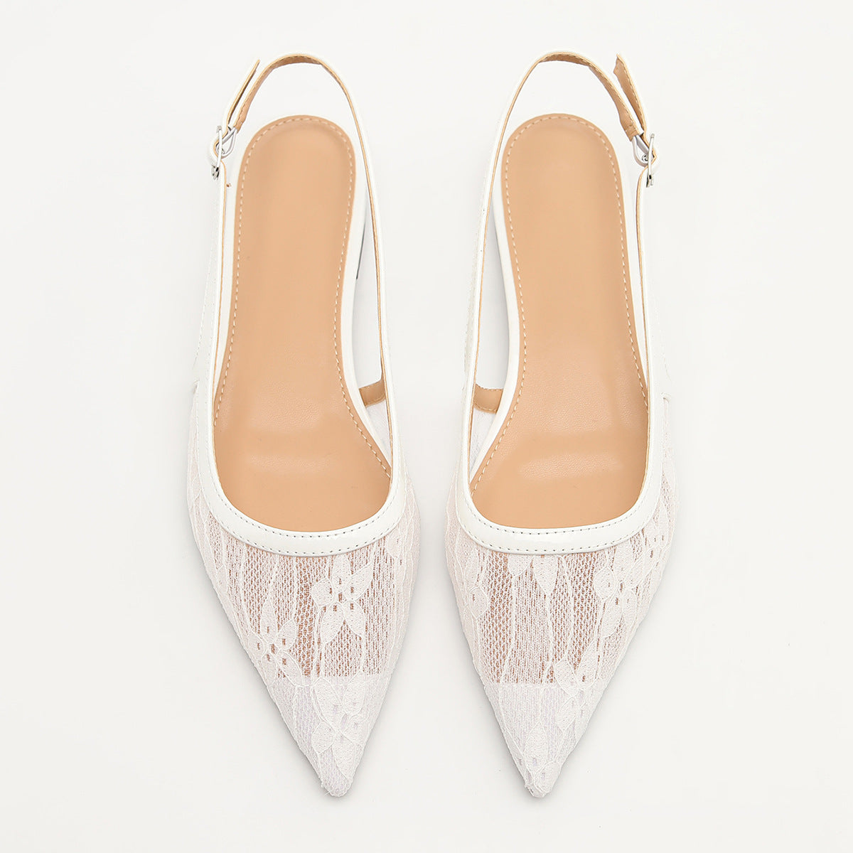 Mescini white lace mesh pointed toe slingbacks, the pair seen from above, US women's sizes