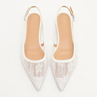 Mescini white lace mesh pointed toe slingbacks, the pair seen from above, US women's sizes