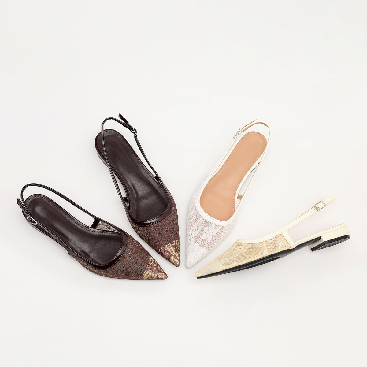 Mescini brown, apricot and white lace mesh slingbacks, all three colors together, US women's sizes