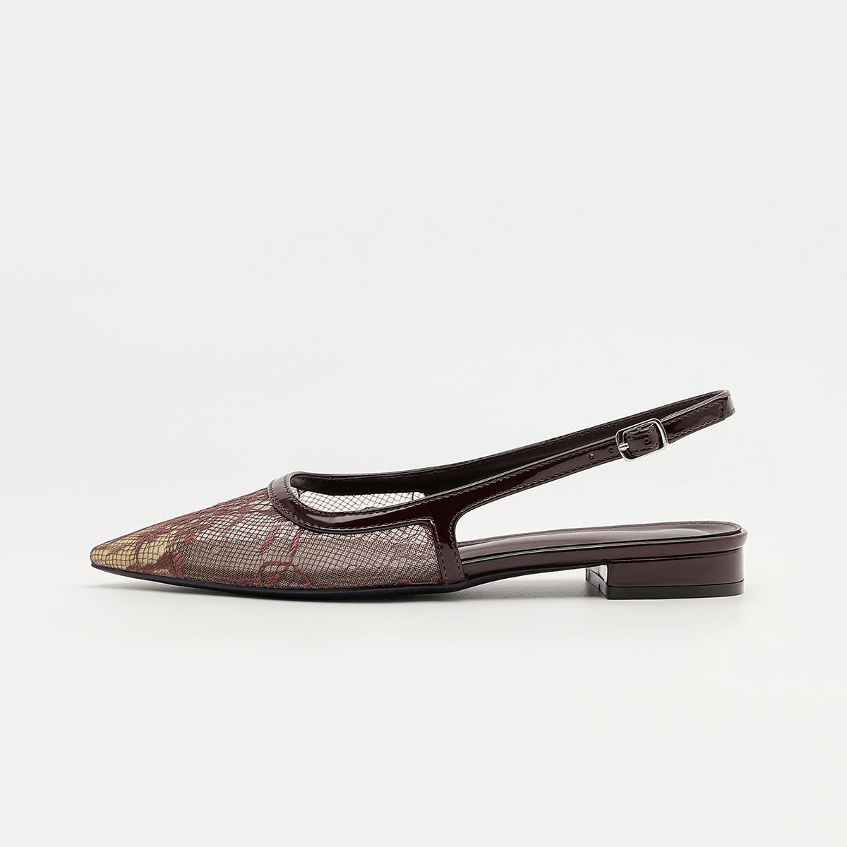 Mescini brown lace mesh pointed toe slingbacks, side profile of one shoe on white, US women's sizes