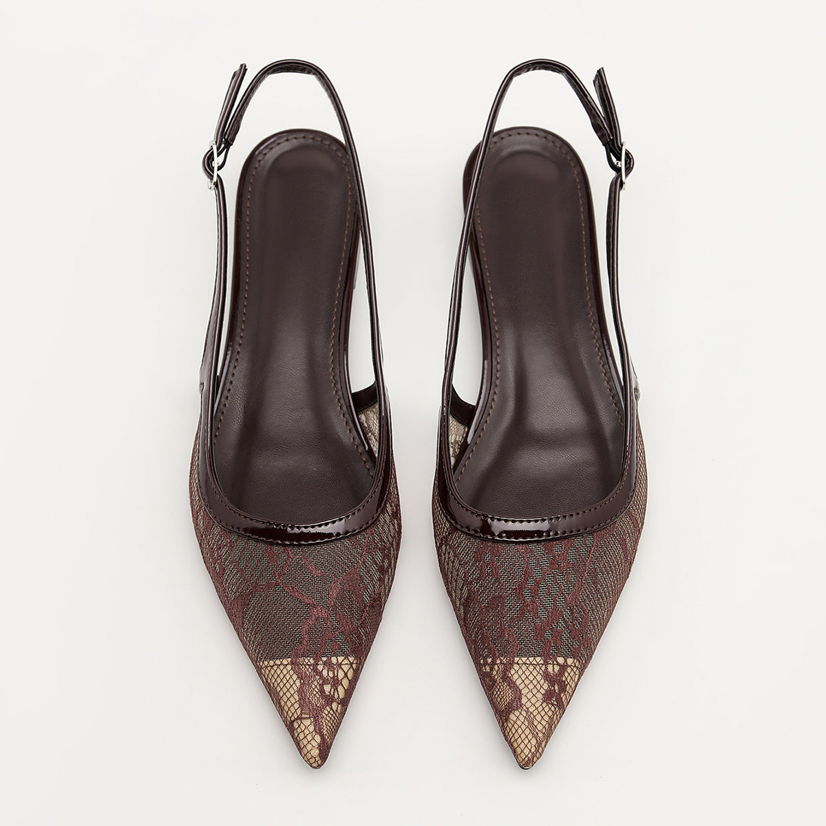 Mescini brown lace mesh pointed toe slingbacks, the pair seen from above, US women's sizes