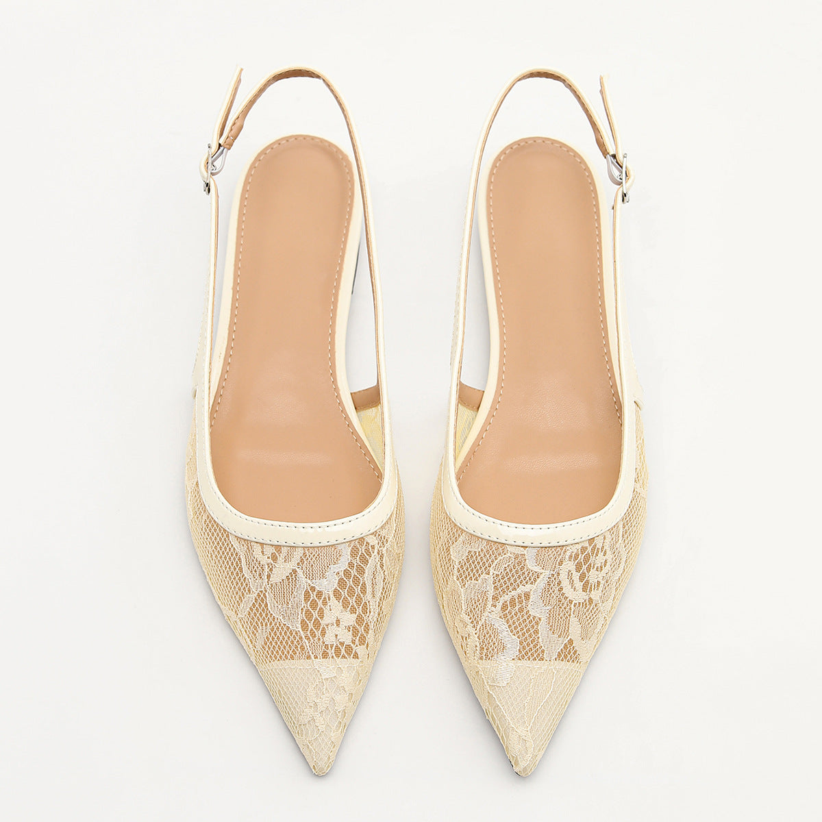 Mescini apricot lace mesh pointed toe slingbacks, the pair seen from above, US women's sizes