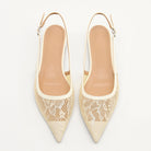 Mescini apricot lace mesh pointed toe slingbacks, the pair seen from above, US women's sizes