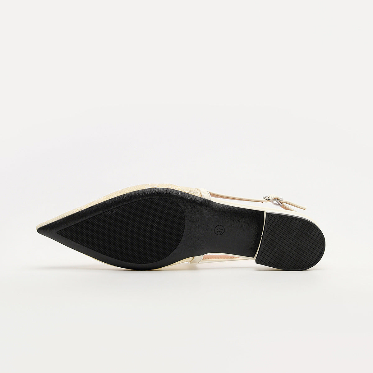 Mescini apricot lace mesh pointed toe slingbacks, one shoe tipped to show the sole, US women's sizes
