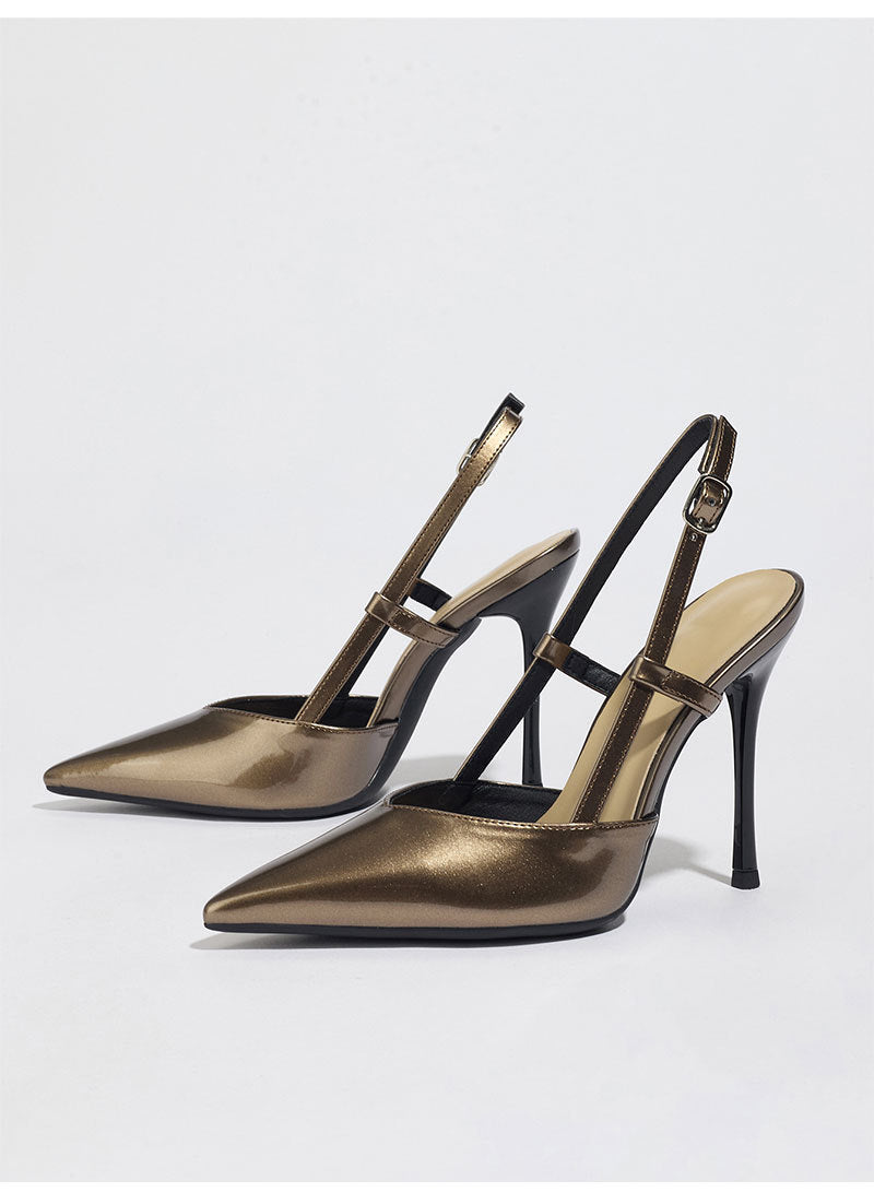 Mescini bronze metallic pointed toe slingback heels, angled pair on white, US women's sizes
