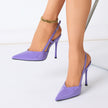 Mescini – purple pointed toe slingback heels with the ankle strap in view, US women's sizes