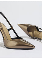 Mescini bronze metallic slingback heels, close view of the two pointed toes, US women's sizes