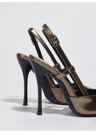 Mescini bronze metallic pointed toe slingbacks, rear view of the stiletto heels, US women's sizes