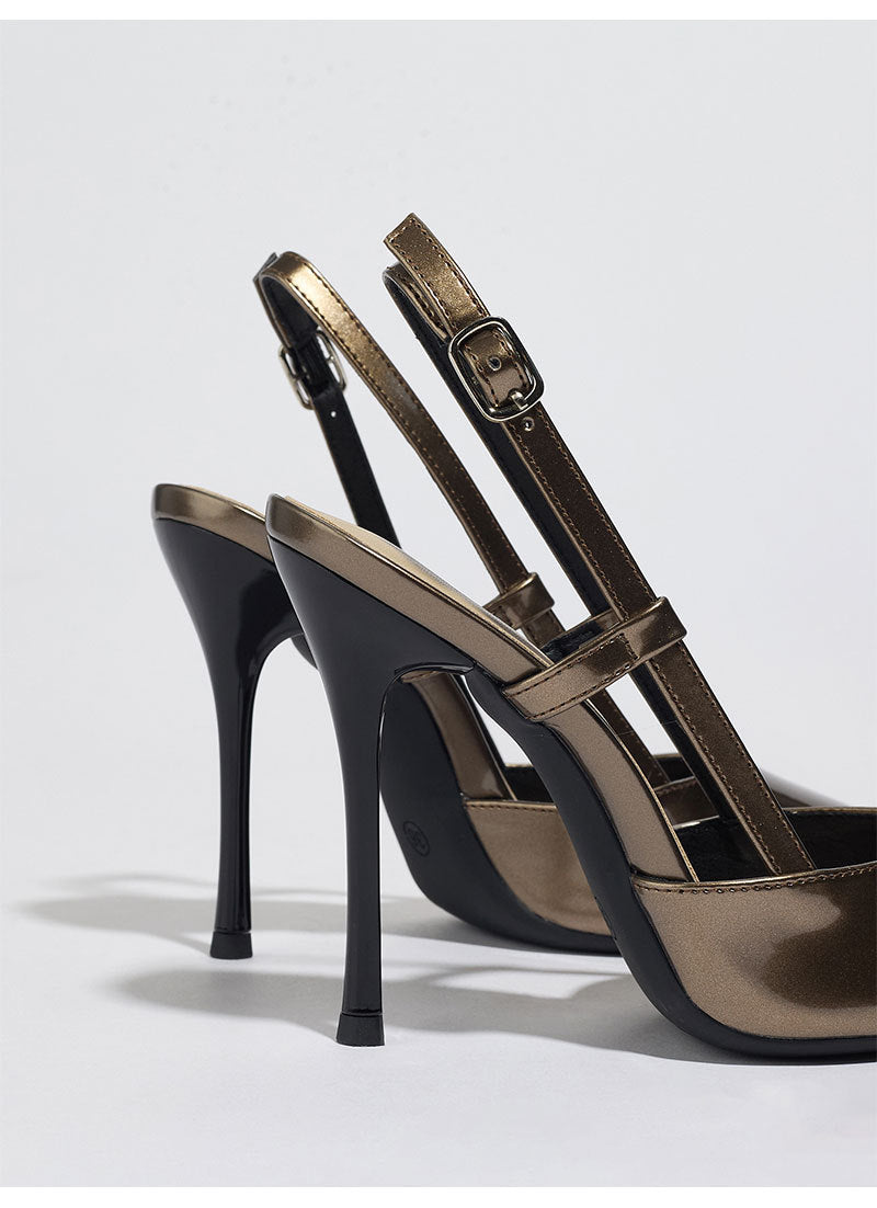 Mescini bronze metallic pointed toe slingbacks, rear view of the stiletto heels, US women's sizes