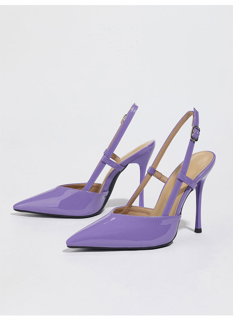 Mescini purple patent pointed toe slingback heels, angled pair on white, US women's sizes