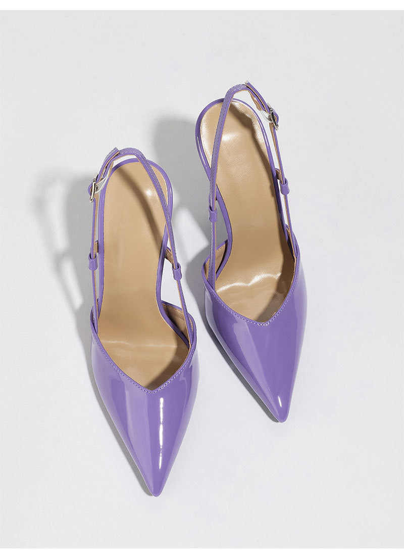 Mescini purple patent pointed toe slingback heels, pair seen from above, US women's sizes