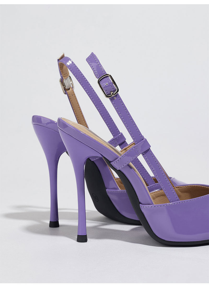 Mescini purple patent pointed toe slingbacks, rear view of the stiletto heels, US women's sizes