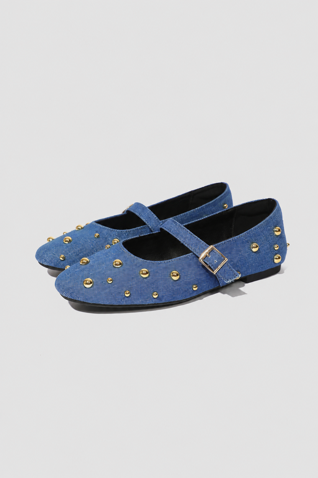Mescini blue studded denim mary jane flats, single shoe seen from the side, US women's sizes
