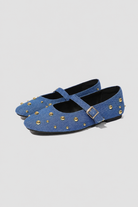 Mescini blue studded denim mary jane flats, single shoe seen from the side, US women's sizes