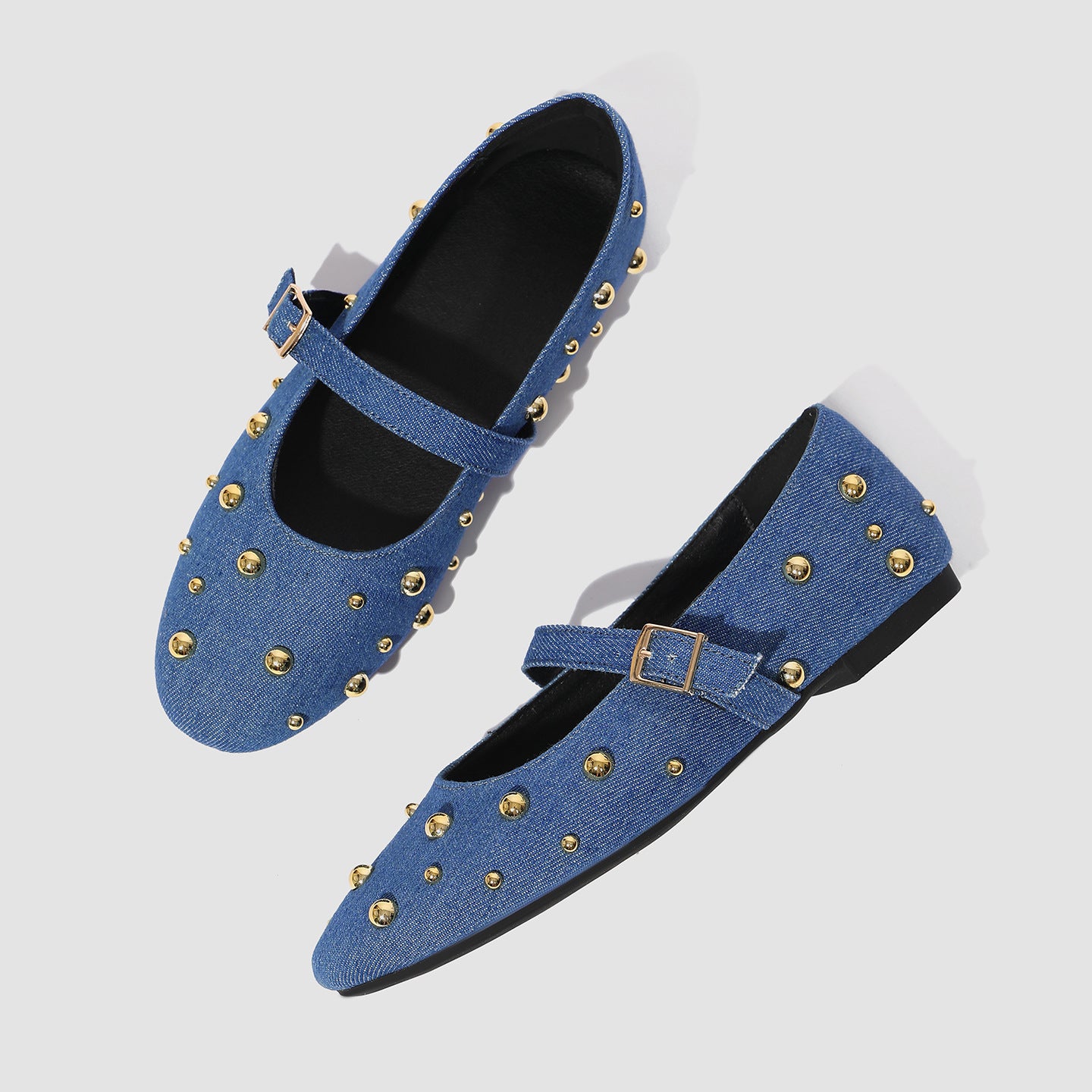 Mescini - blue denim mary jane flats seen from above, buckle strap detail, US women's sizes