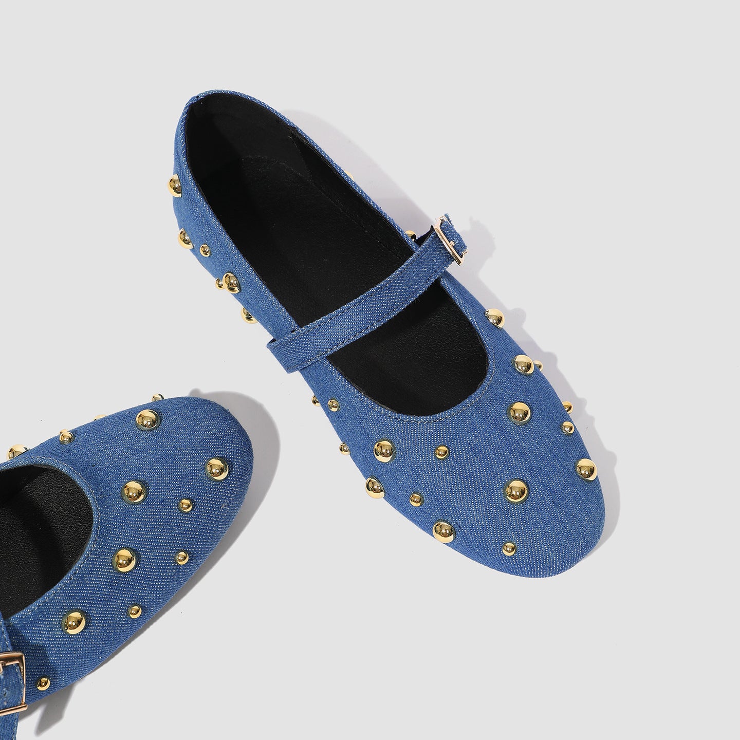 Mescini - blue denim mary jane flats close up of the studded square toe, US women's sizes