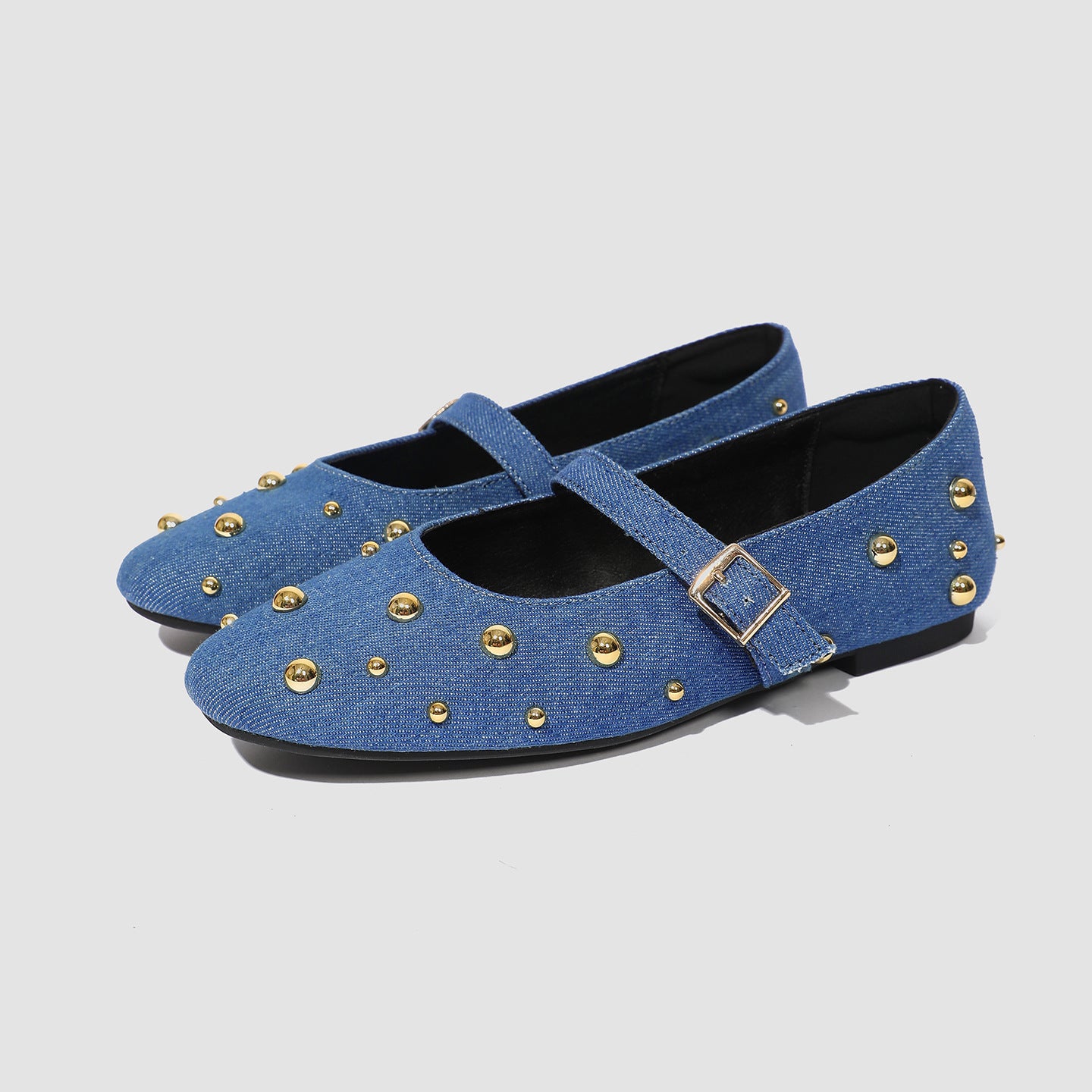Mescini - blue denim mary jane flats with gold studs, angled pair view, US women's sizes