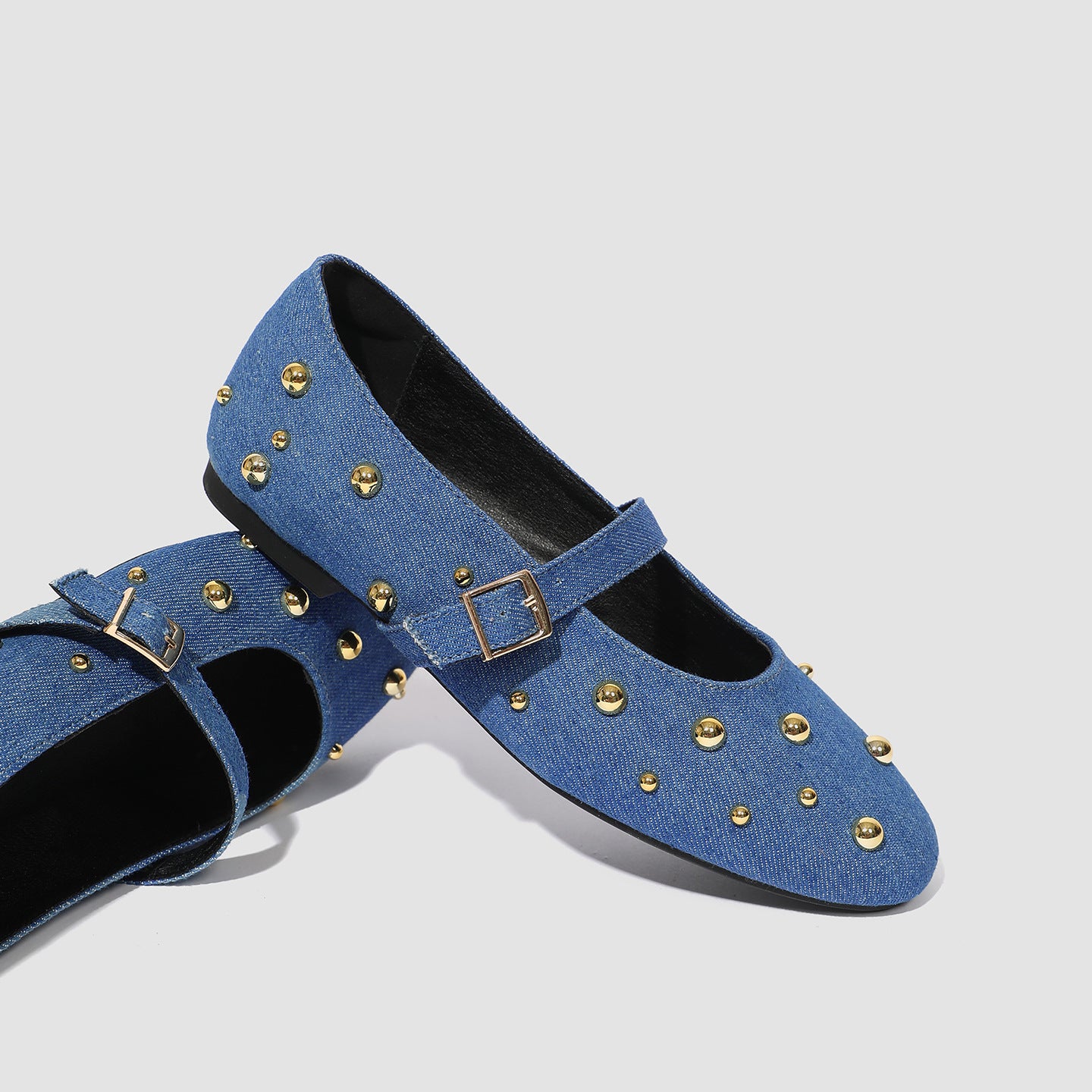 Mescini - blue denim mary jane flats stacked pair, buckle and sole edge, US women's sizes