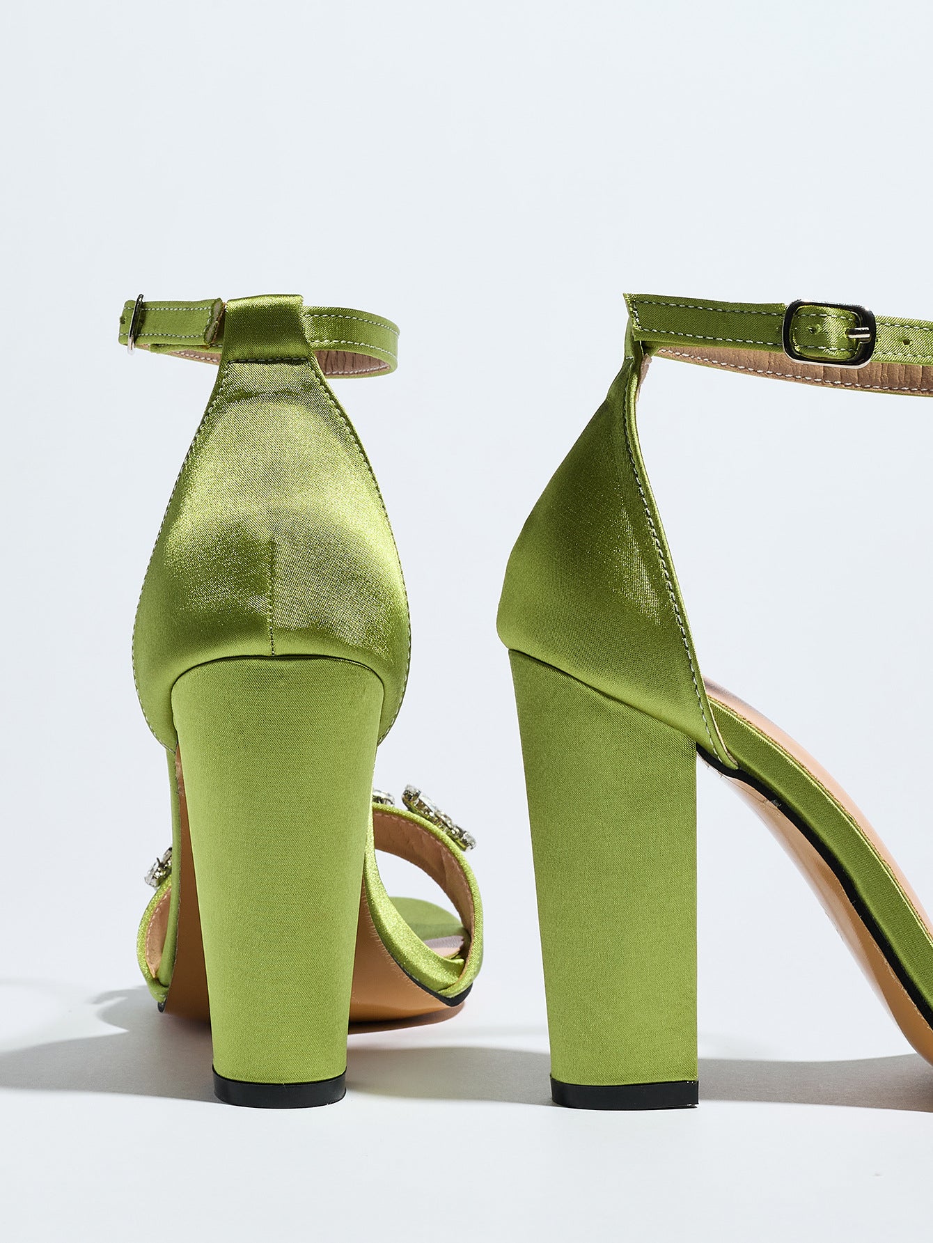 Mescini olive crystal strap block heel sandals, rear view on a white background, US women's sizes