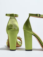 Mescini olive crystal strap block heel sandals, rear view on a white background, US women's sizes