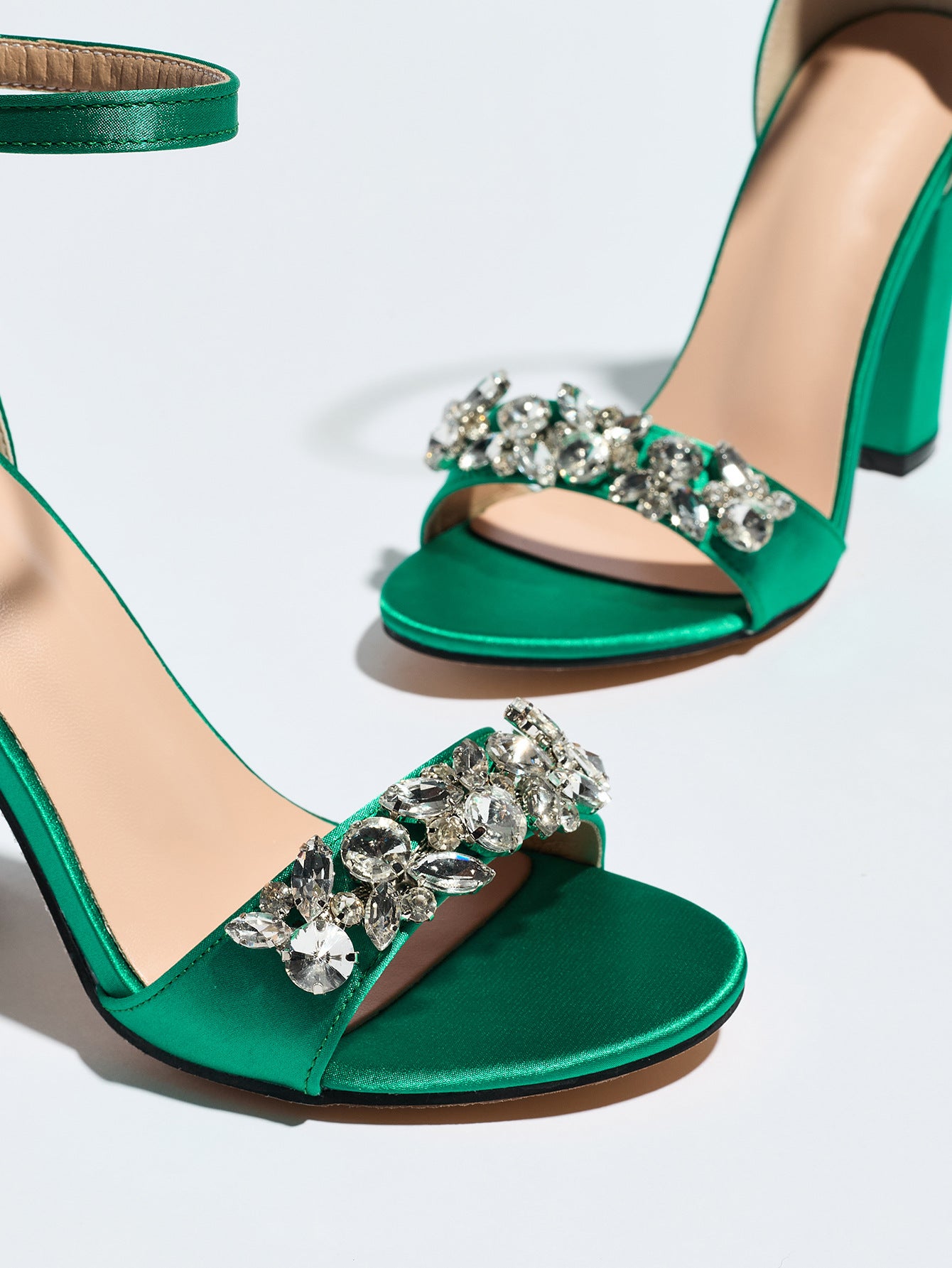 Mescini green crystal strap block heel sandals, close up of the jewelled band, US women's sizes
