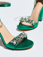 Mescini green crystal strap block heel sandals, close up of the jewelled band, US women's sizes