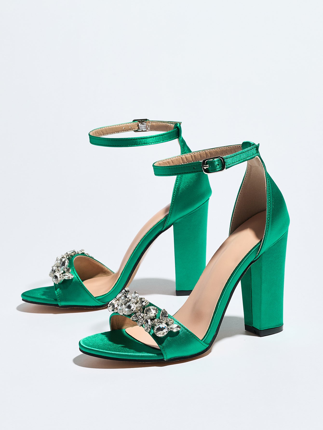 Mescini green crystal strap block heel sandals, full side view of the pair, US women's sizes