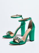 Mescini green crystal strap block heel sandals, full side view of the pair, US women's sizes
