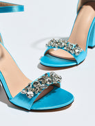 Mescini sky blue crystal strap block heel sandals, close up of the jewelled band, US women's sizes